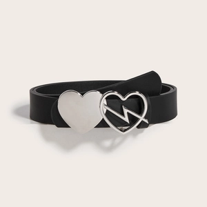 Women's black leather belt featuring a silver double heart buckle on gray background