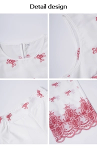 Detail design of white summer set with red embroidery showing neckline and S size label