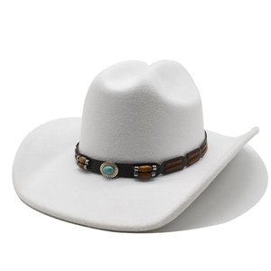 Detail of white felt cowboy hat with leather band and turquoise stone ornament