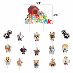 Dog birthday cake topper set with 16 pieces featuring various dog breeds and paw prints