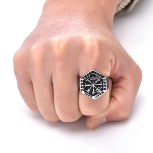 Vintage Viking Vegvisir compass ring in Nordic runic hexagon stainless steel design