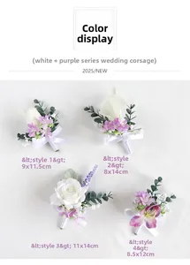 Detail view of four white and purple bridal boutonnieres with roses and lavender