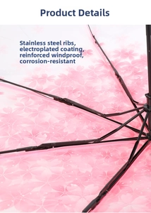 Detail of reinforced steel ribs and floral PVC canopy for automatic folding umbrella