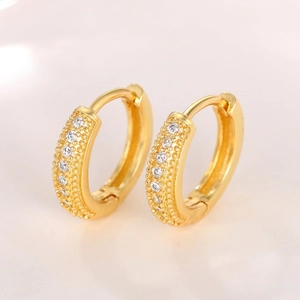 Detailed close-up of golden hoop earrings featuring micro-pave crystals and hinged clasps
