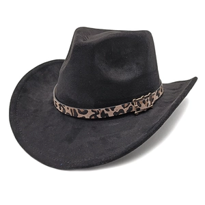 Detailed view of black suede cowboy hat with leopard print belt and metal buckle