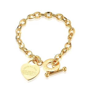 Gold heart pendant chain bracelet with toggle clasp and engraved verse in stainless steel