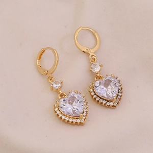 Elegant gold heart earrings with sparkling clear crystals and round studs for women