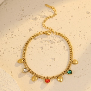 Gold stainless steel Cuban link bracelet featuring multi-colored heart rhinestone charms