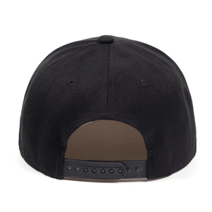 Rear view of black flat-brim snapback hat featuring adjustable plastic closure
