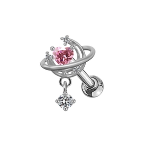 Detail of silver stainless steel heart earring with pink zircon and planetary ring design