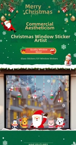 Detail of Christmas window stickers featuring Santa Claus, reindeer, and snowflakes with UV finish