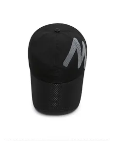 Top view of black breathable mesh baseball cap with reflective gray M letter logo