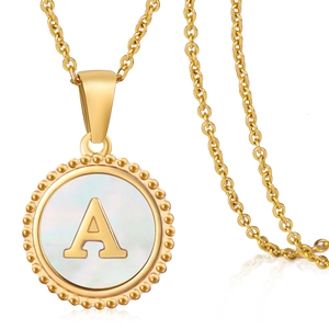 18K gold plated stainless steel necklace with shell letter A round pendant for women