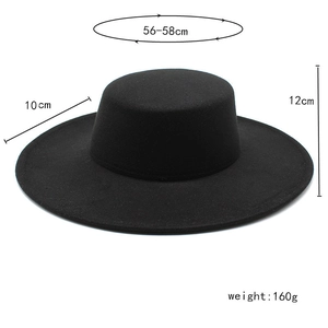 Detailed size guide showing 10cm brim and dimensions for black wool boater hat