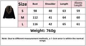 Detailed size chart for elegant faux fur collar coat including bust and length measurements