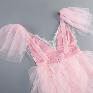 Detail of pink lace stitching and ruffled mesh textures on a V-neck evening gown