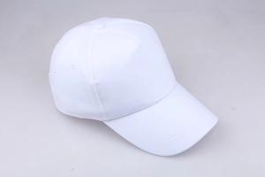 Close-up of a white five-panel cotton baseball cap with a classic curved brim and stitching