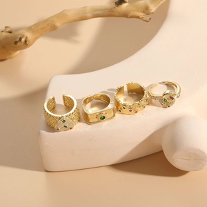 Set of four 14K gold plated adjustable rings with colorful zircon and micro pavé stones