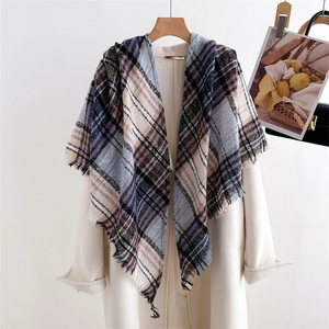 Detail of plaid cashmere-like scarf with fringe tassels on a white coat background