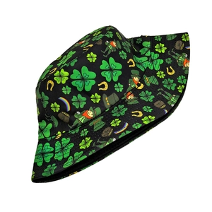 Detail of St. Patrick's Day bucket hat featuring shamrock and leprechaun pattern