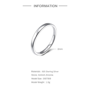 Detailed specs of a 2mm 925 sterling silver ring with AAAAA zirconia stones