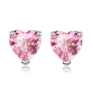 Elegant silver heart earrings with sparkling pink gemstone in professional setting