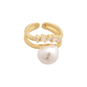 Elegant gold open ring featuring a large white pearl and sparkling zircon accents