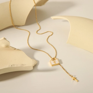 Exquisite 18K gold plated stainless steel necklace with cross lock pendant and beads