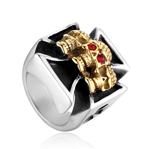 Men Stainless Steel Skull Ring Iron Cross Gothic Biker Punk Style Red Rhinestone Eye Gold Silver Casted Ring Jewelry