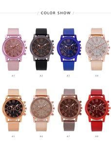 Detail view of quartz watch collection in eight colors with roman numerals and mesh straps