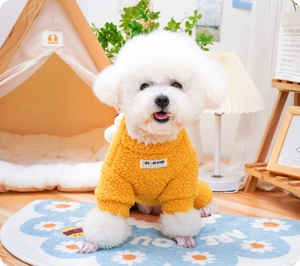 Close-up of bright yellow fleece pet onesie for small dogs in a cozy home setting