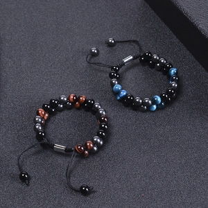 Doppellagiges 8mm Tigerauge und Onyx Perlenarmband mit verstellbarem Kordelzug