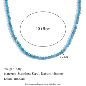 Blue natural stone beaded necklace 18K gold plated stainless steel for women 40+5cm