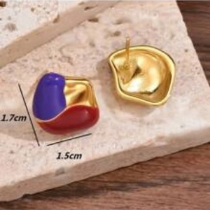French vintage geometric earrings in gold, deep red, and blue with front and back view