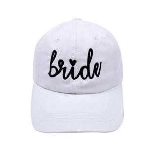 White cotton baseball cap with black bride script embroidery for wedding parties