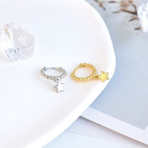 Minimalist S925 star charm hoop earrings in polished gold and silver finishes