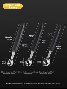 Three sizes of stainless steel fruit scoopers with black handles in 22mm, 25mm, 30mm
