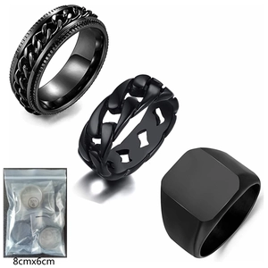 Three-piece black stainless steel ring set for men featuring a rotating chain and signet ring
