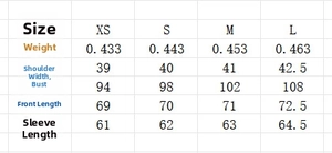 Size chart showing weight, shoulder, bust, and sleeve measurements for women's pleated blazer