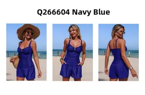 Navy blue tankini set with rhinestone detail and wide-leg shorts shown from multiple angles