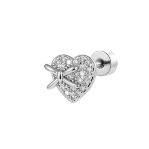 French vintage silver heart stud earrings with cubic zirconia and bow detail