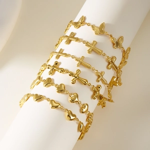 Minimalist gold stainless steel bracelets with butterfly, cross, and heart charms