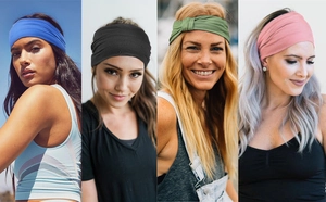 Collage of elastic sports headbands in blue black green and pink on models