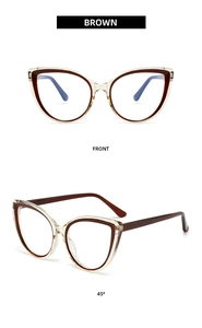 Front and 45-degree angle view of stylish brown cat-eye anti-blue light glasses frames