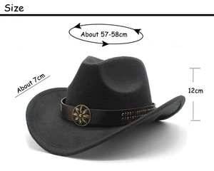 Detail view of black felt cowboy hat with leather band and gold flower ornaments