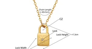 Detailed view of gold padlock pendant necklace with zircon and 40+5cm chain size