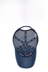 Internal view of the navy mesh baseball cap showing breathable structure and seam taping