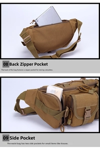 Tactical waist bag detail showing back zipper pocket and side tissue pouch features