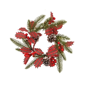 Christmas pine cone wreath with red berries and plaid leaves on white background