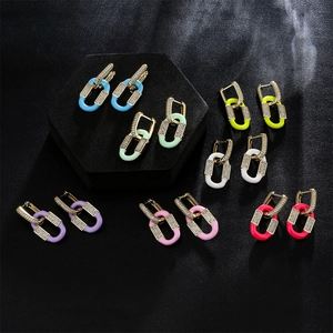 Orecchini A Cerchio Con Maglie Geometriche Rame Placcato Oro 18K Micro Zircone Smalto Colorato Gioielli Alla Moda Donna